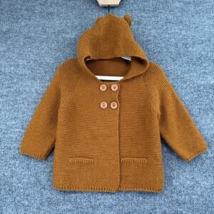 Hand Knit Hooded Cardigan Sweater Size 3/4 Brown Bear Ears Neutral Minimalist
